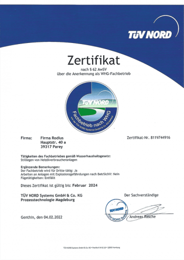 Zertifikat WHG Fachbetrieb - Rodius